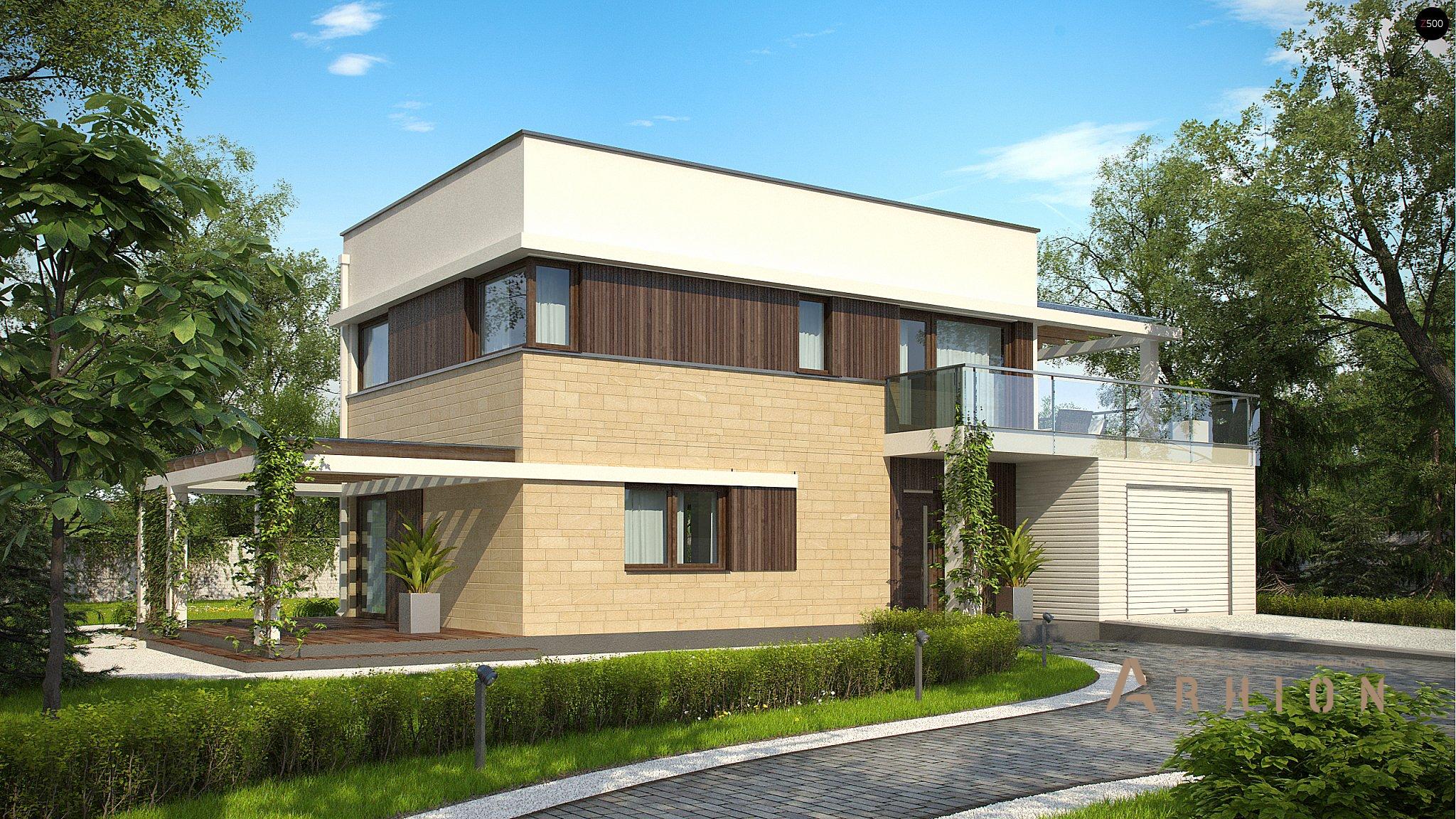 1. Проект двухэтажного дома в стиле хай-тек с плоской кровлей , Zx63 A, площадью - 131 кв c терассой, гаражом